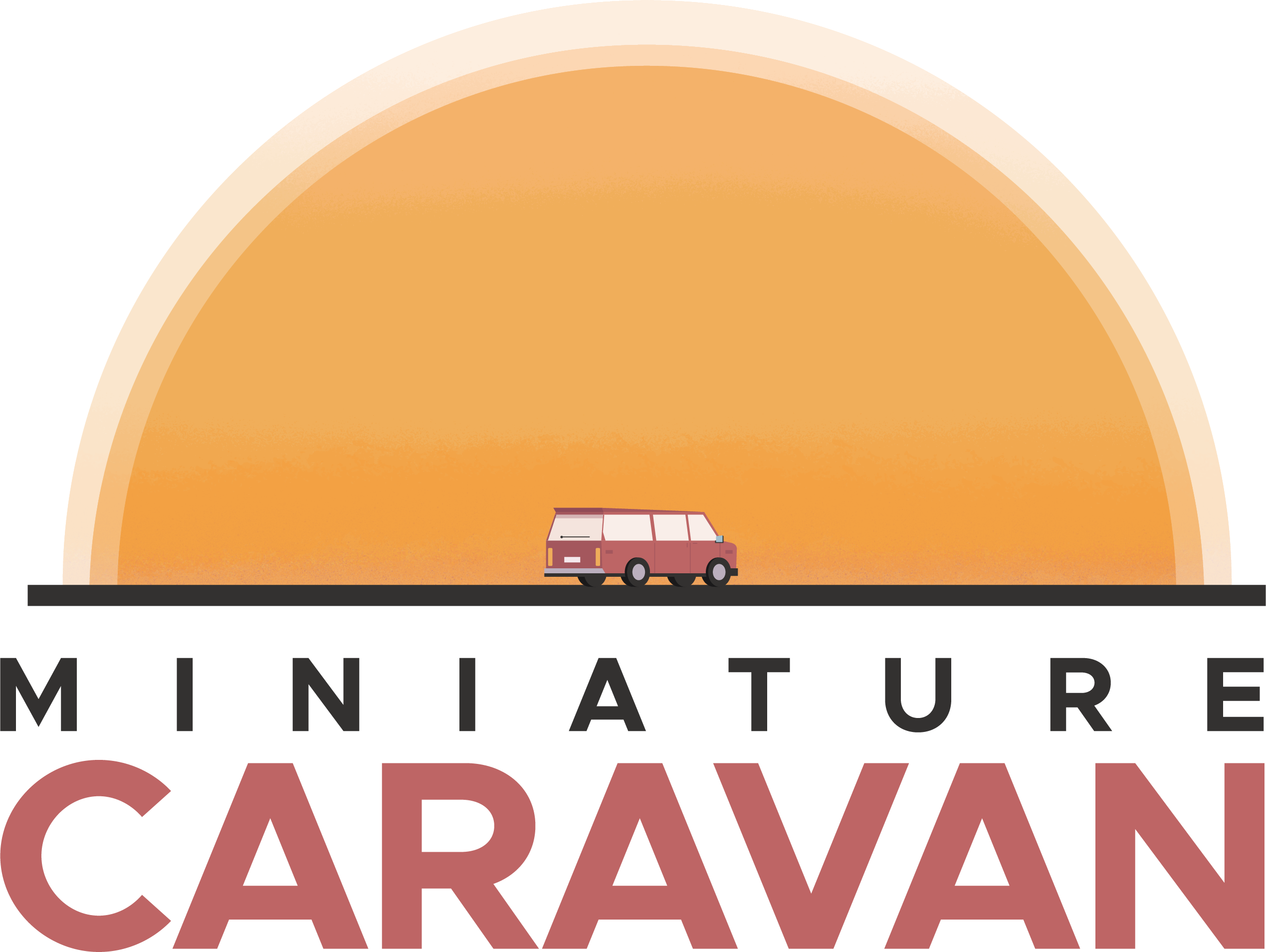 Miniature Caravan logo of a miniature minivan riding off into the sunset